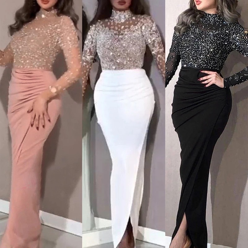 

2021 Amazon Hot Style Women Gauze Patchwork High-waisted Long-sleeve Dress Sequin Evening Dress