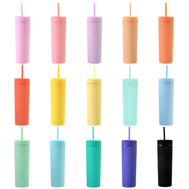 

Multicolor Skinny Straight Tumbler 16oz Double Wall Plastic Matte Pastel Colored Acrylic Tumblers Cup with Lid and Straw