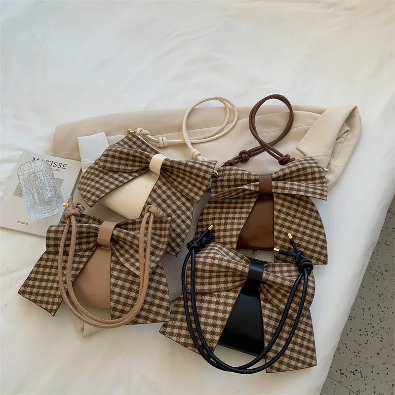 

Vintage Brown 2022 Big Bowknot Thread Tote Bag Pu Designer Handbag Elegant Female Shoulder Bags For women