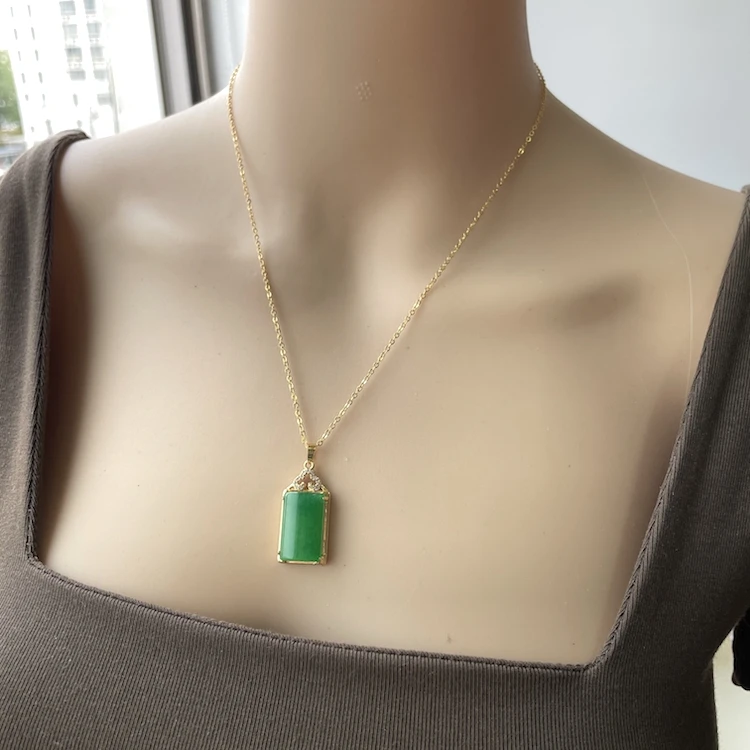 

Jialin INS gold plated chinese bless cloud tags rectangle green natural stone jade pendant necklace, Picture shows
