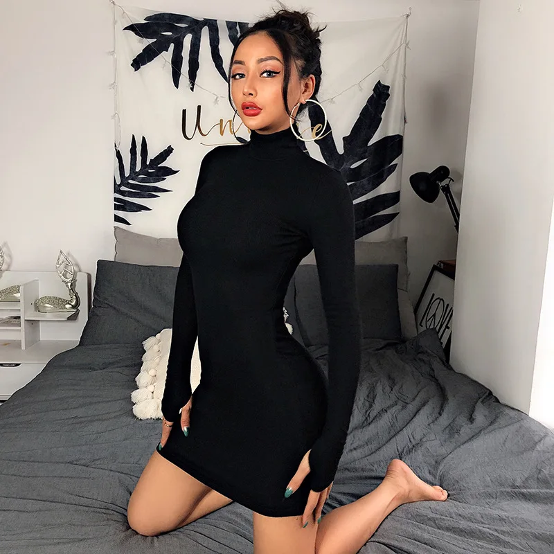 

Wholesale Autumn Long Sleeved High Necked Slim Sexy Knee Length Dress Women