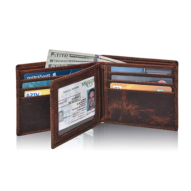 

New Rfid Blocking Crazy Horse Leather Mens Short Purse Card Holder Wallets, Customized