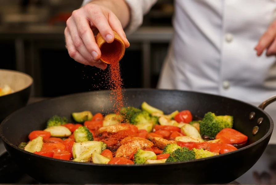 Chef sprinkling cayenne pepper powder into a sizzling skillet with vegetables