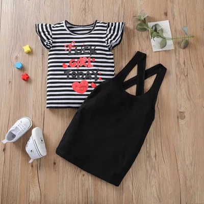 

F11330A kids two piece sets striped flying sleeve top Black strap skirt two piece set, As picture