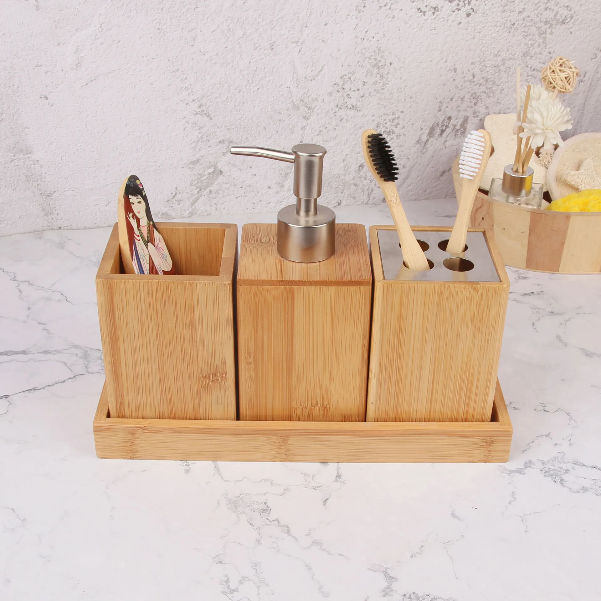 

4 Pieces Bamboo Bathroom Accessories Organization Set with Towel Tray Toothbrush Holder Storage Box Bamboo Lotion Bottle, Natural bamboo color