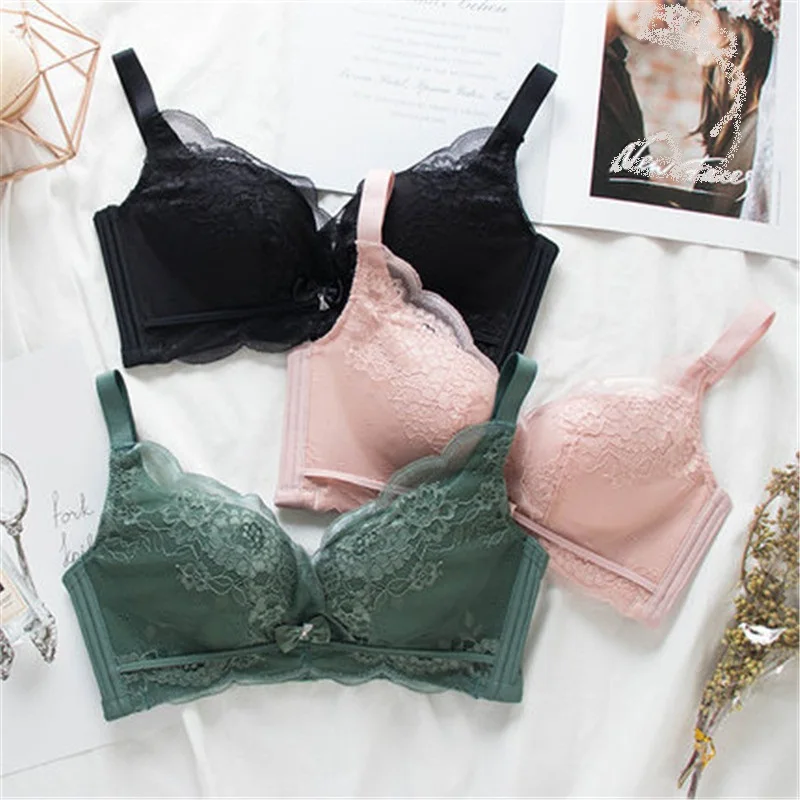 

Small chest machine flat chest bra gathered sexy super thick cup underwear no underwire bra set women Lace underwear female