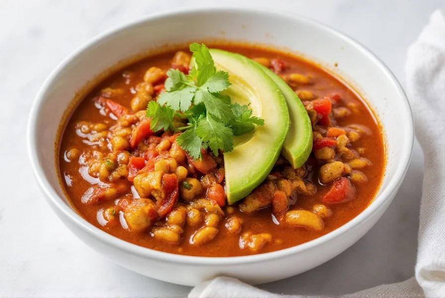 Finished bowl of easy chicken chili served with avocado slices and cilantro garnish