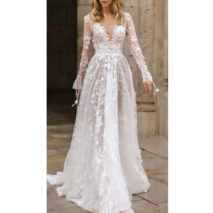 

2021 Clothing Vendors V-Shape Back Lace A-Line Dress Wedding Dress Bridal Gown