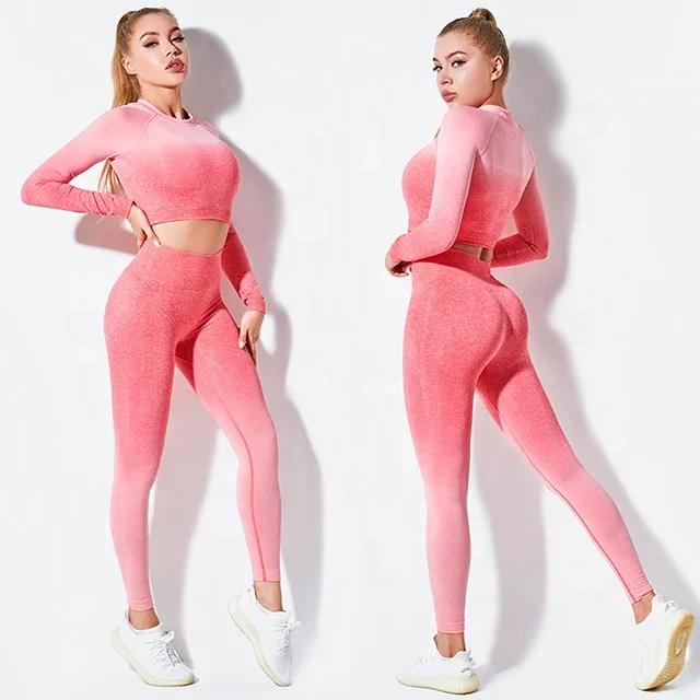 

Fitness Stretch Long Sleeve Cropped Yoga Tops Leggings Sportswear Gradient New Trendy shark Gym Workout Two Piece Leggings Set