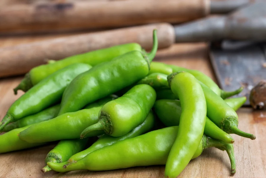 Fresh green Hatch chilies arranged on wooden table with farming tools in background