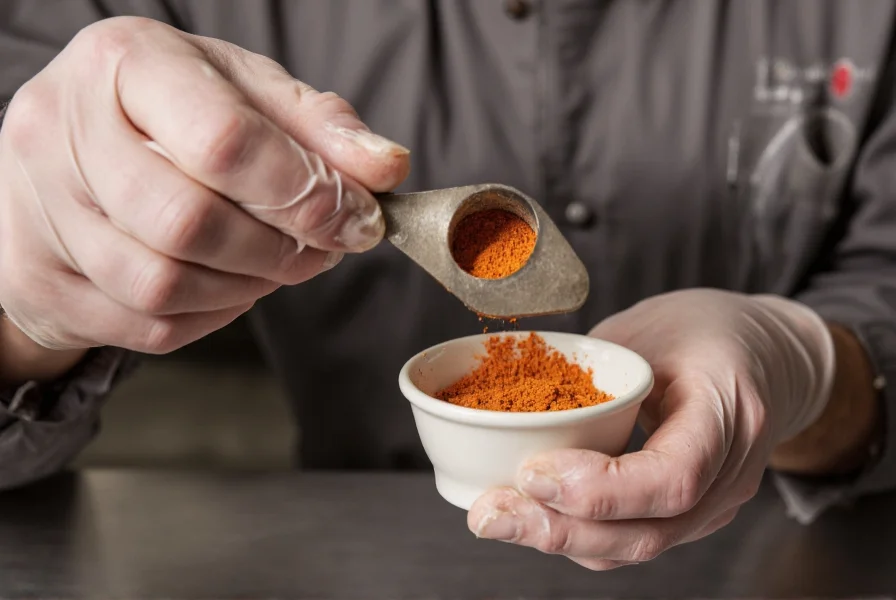 Chef carefully measuring a tiny amount of Pepper X powder into a small bowl for culinary use, with safety gloves and proper ventilation