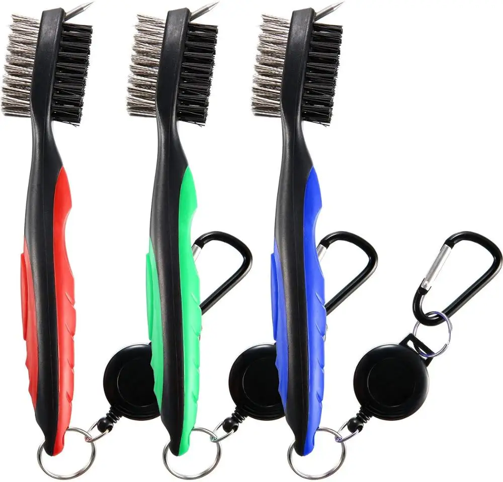 

2 side golf club brush and club cleaner with spike and clip, Red, green, blue