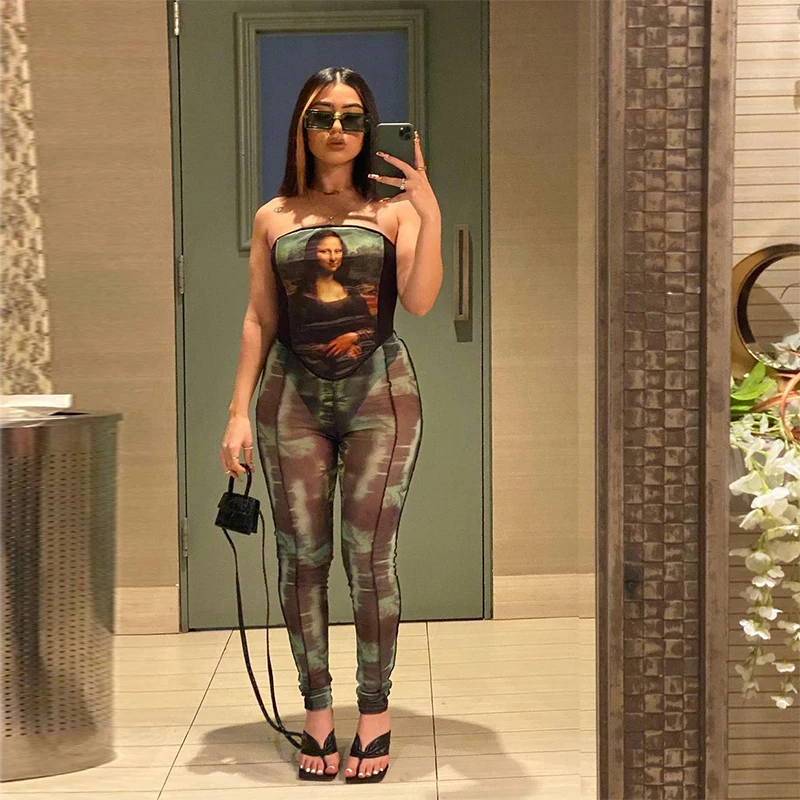 

CUTENOVA Q20664S Mona Lisa Print Two Piece Set Sexy Sleeveless Corset See through Skinny Pant Set 2021 NEW Arrival Streetwear