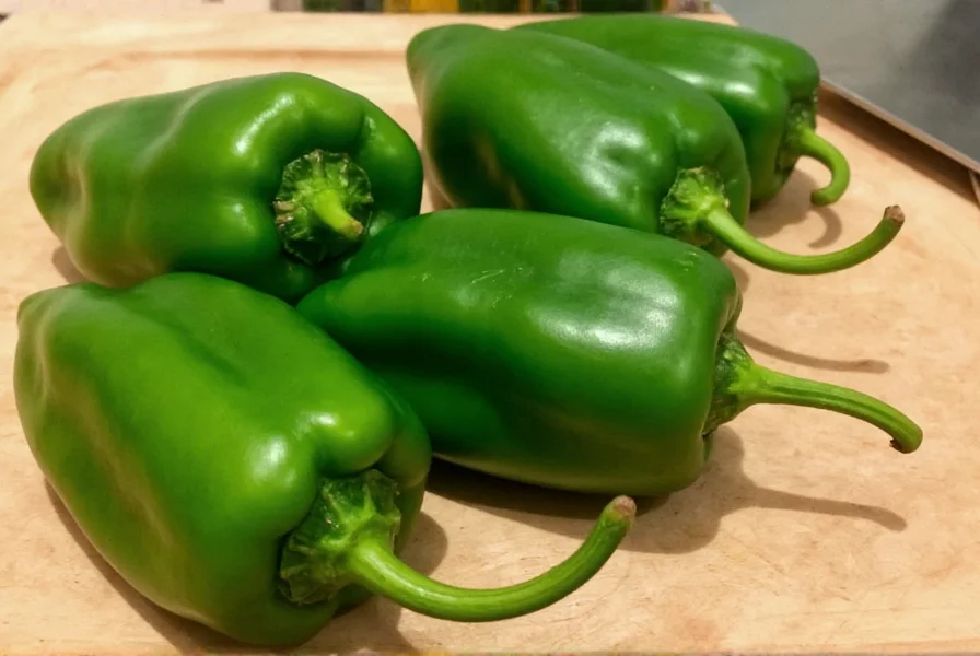 Close-up of fresh poblano peppers on a wooden cutting board with roasting instructions