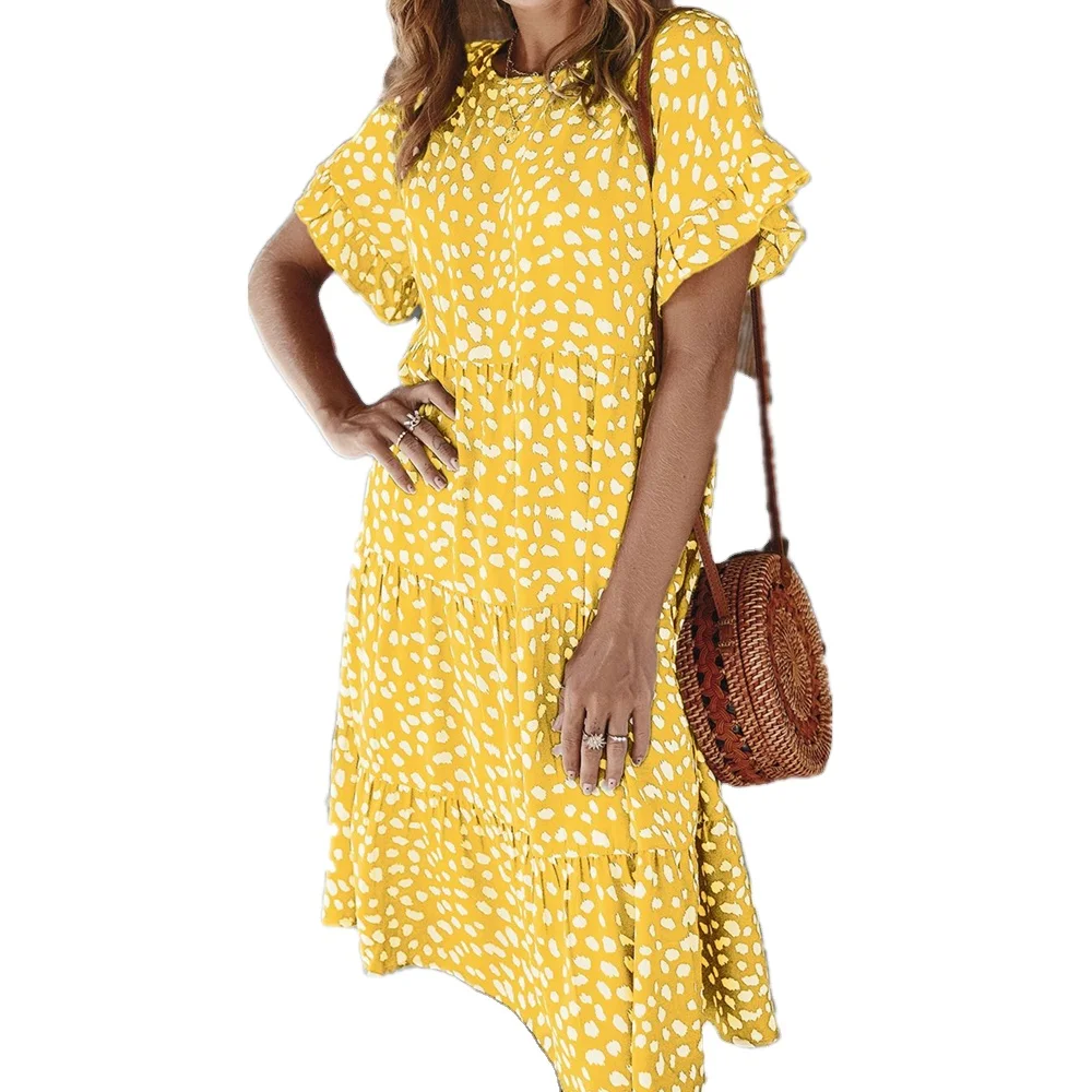 

2021 summer women midi dress elegant short sleeve O-neck loose dot printed high waist casual ladies dresses