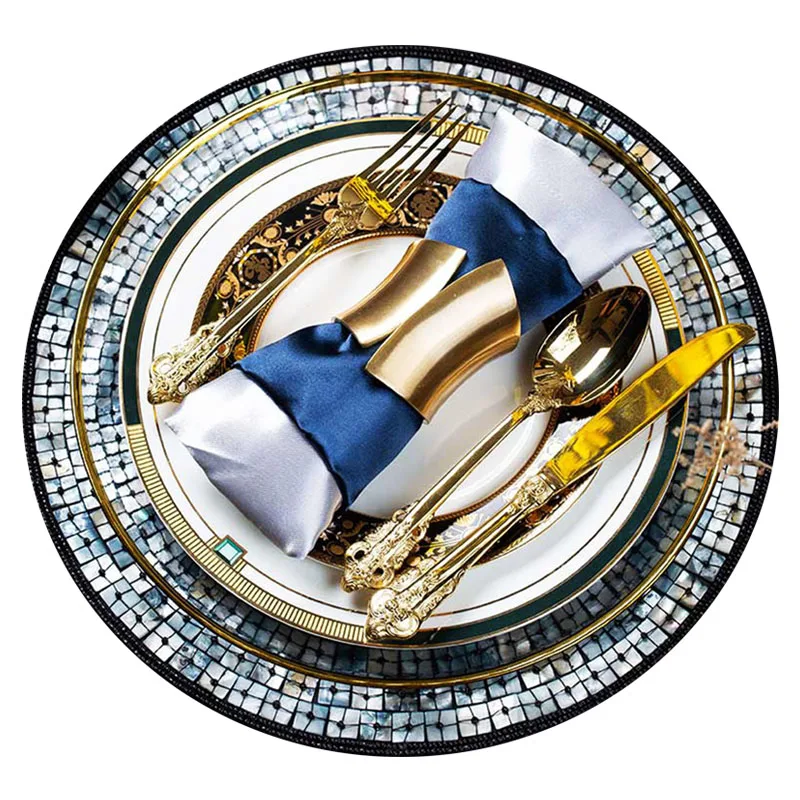 

European-style American Dinner Set Model Room Western Food Plate Flat Plate Steak Plate Gold Rim Dark Green Glass Table Set