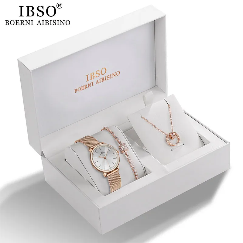 

IBSO Women's Quartz Watch Set Crystal Bracelet Necklace Sets Female Jewelry Set gold Valentine's Day Gift, Rose gold