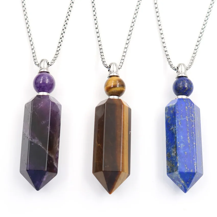 

Natural Gems Stone Necklace Crystal Essential Oil Perfume Bottle Pendant Diffuser Hexagon Prism Necklace Women Jewelry
