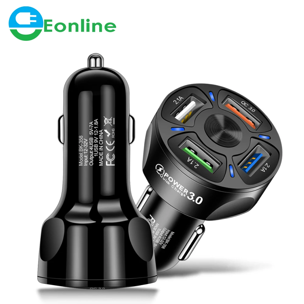 

4 USB Car USB Charger For Phone Quick Charge 3.0 Universal Fast Charging in car Mobile Phone Charger For Samsung S10 iPhone 11, Black / white