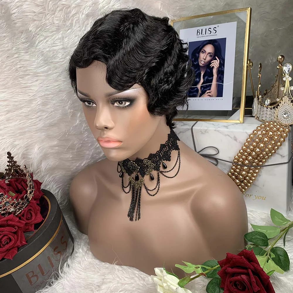 

Bliss Pixie Short Water Finger Wave Wigs 1B Natural Color Fashion Virgin Human Black Hair Machine Made Wigs for Black Women