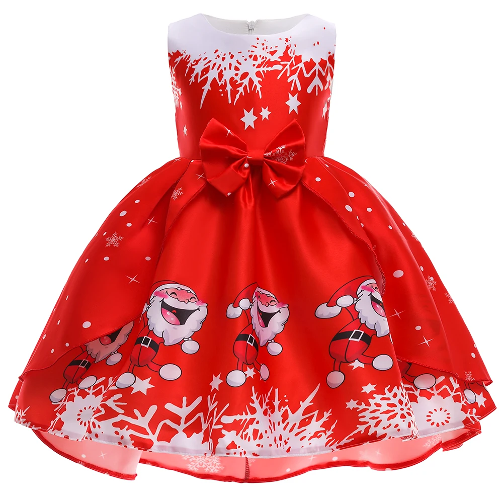 

MQATZ Hot Sale Baby Girls Dress Kids Designer Christmas Party Wear Santa Claus Printed Trailing Dress, Red