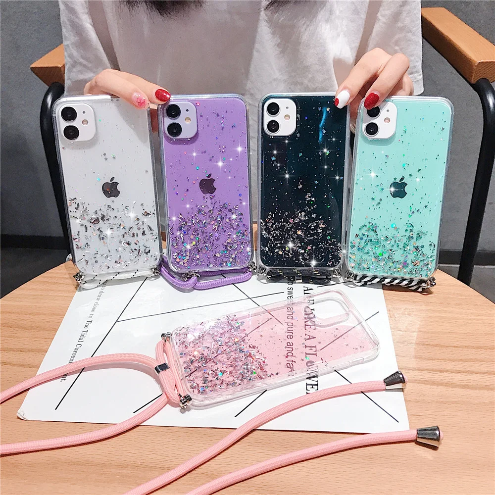 

Glitter Crossbody Lanyard TPU Phone Case For iPhone 11 Pro XS Max XR X 6 7 8Plus Necklace Strap Cover