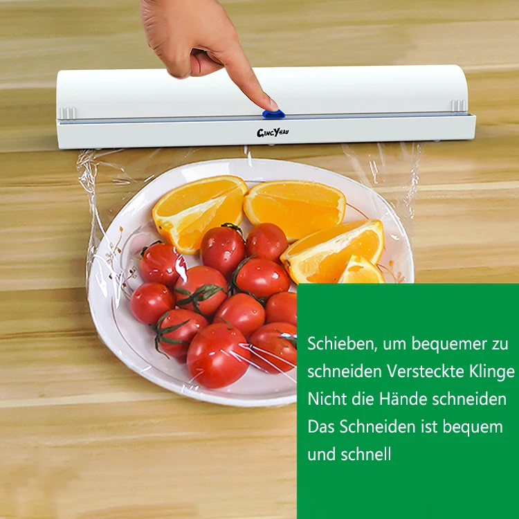 

Plastic Food Packaging Cling Film Food Wrap Dispenser Cutter Cling Film Tool kitchen foil dispenser, White or customized