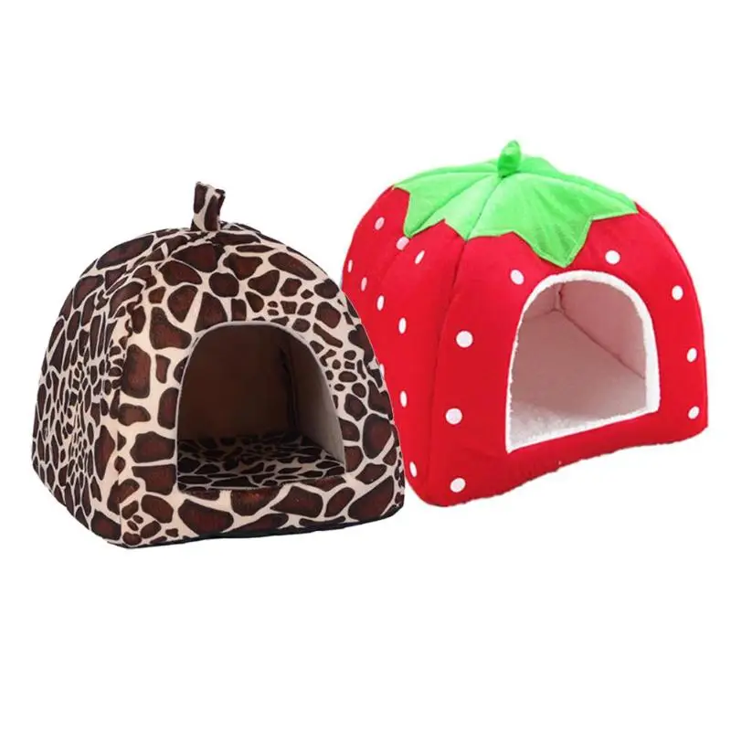 

Soft Strawberry Leopard Dog Cat House Tent Kennel Doggy Winter Warm Cushion Basket Animal Bed Cave Pet Products Supplies