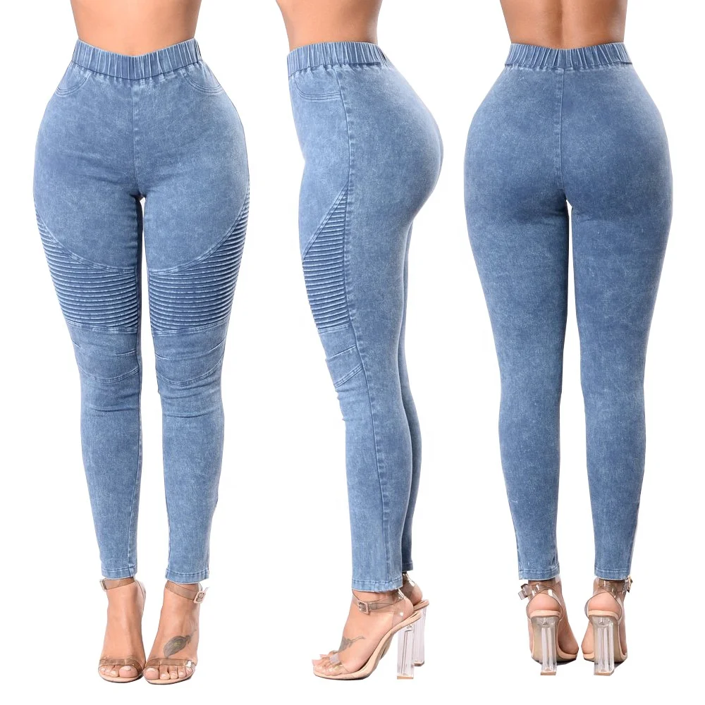 

Bulk Wholesale Crumple Elastic High Waist Women Color Slim Hip Pants Pleated Jeans