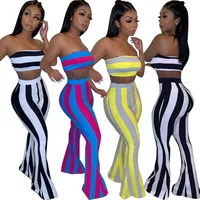 

New Arrivals Fashion Women Off Shoulder Wrap Chest Sleeveless Crop Flared Pants Colorful Striped Patchwork Outfits Jumpsuit