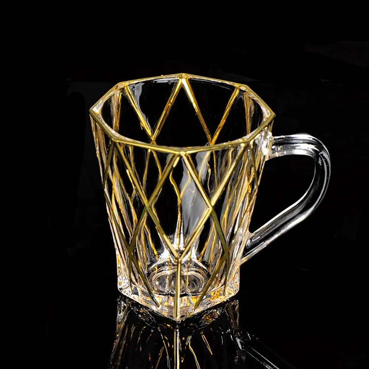 

gold rim octagon design Glass coffee tea cup with handle in golden line, Transparent with golden line