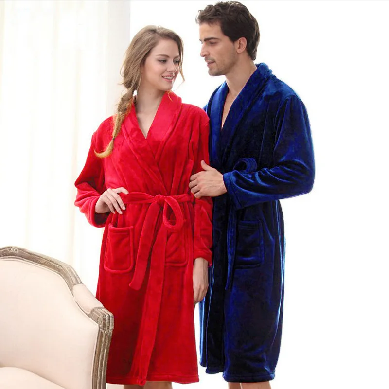 

Women's couple bathrobe long-sleeved pajamas solid color flannel pajamas long warm home service, Shown