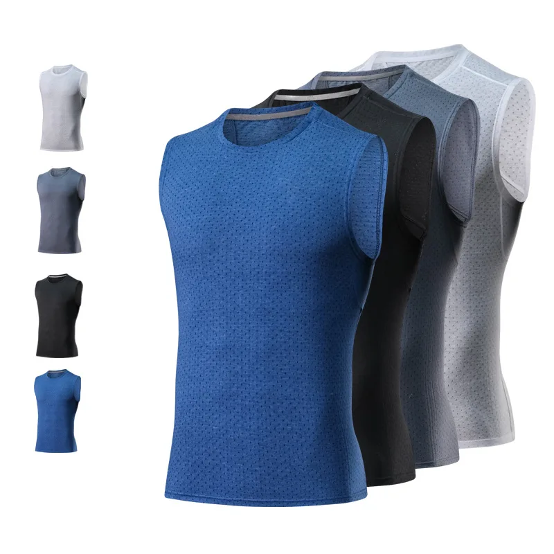 

OEM athletic T-Shirts men quick dry breathable sleeveless running gym stretch t shirts for sport crew neck t shirts, Black ,blue customized color