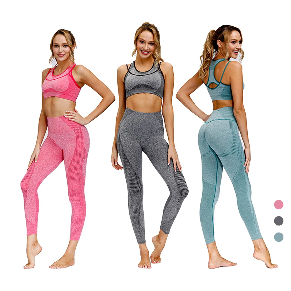 

2 piece butt lifting yoga set fashionable yoga pants and sports bra seamless set with pocket