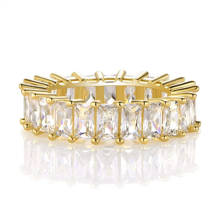 

14K Gold Plated Ring Cubic Zirconia Emerald Cut Eternity Ring Band for Women Men