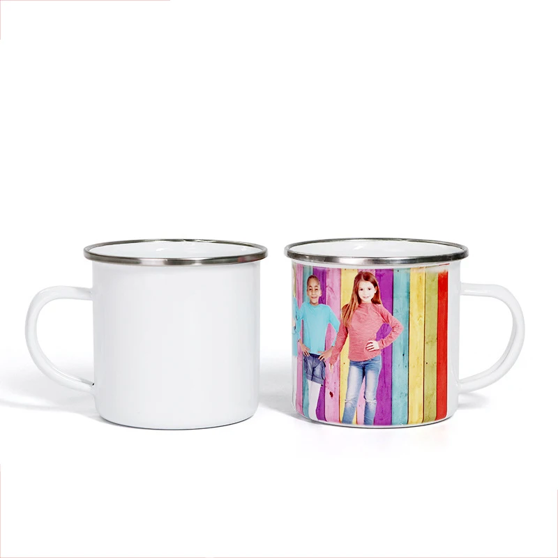 

BB050 DIY Printed Photo Silver Edging Enamel White Cup Heat Transfer Enamel Mug Stainless Steel Enamel Heat Transfer Mug