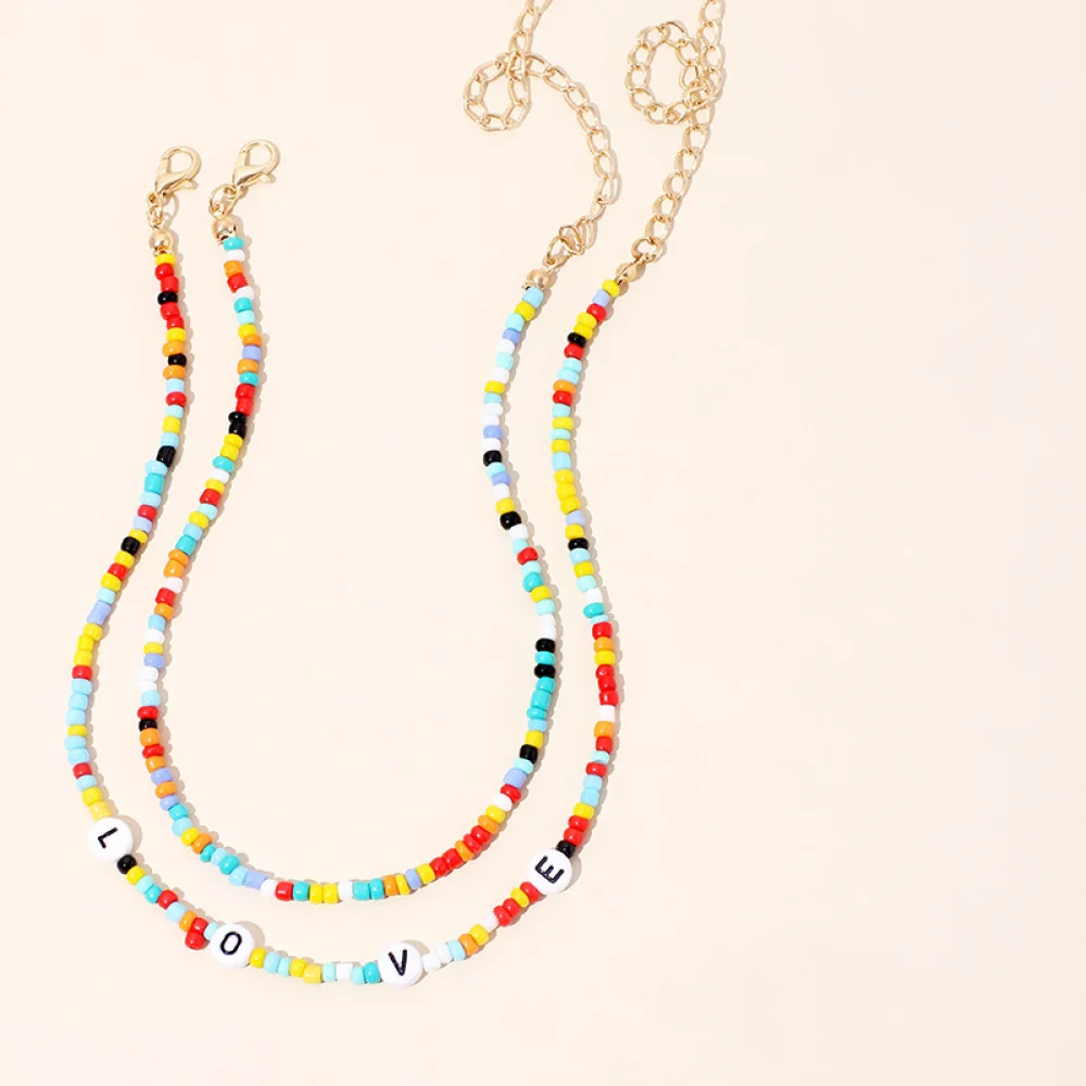 

Boho ethnic style summer 2021 fashion women double layer colorful long seed african beads necklace, Steel, gold