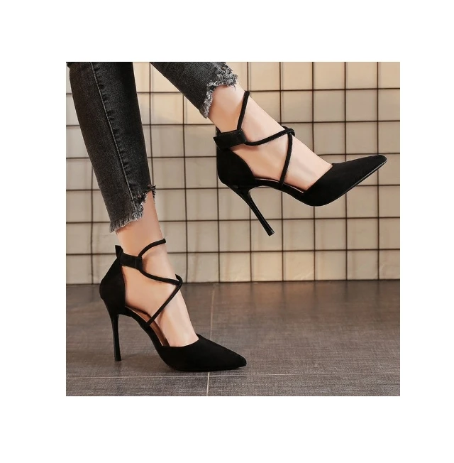 

Sexy Ladies Heels Sandals Solid Color Suede Pointed Toe Hollow Ankle Cross Straps Women Dress Pumps Heel Shoes