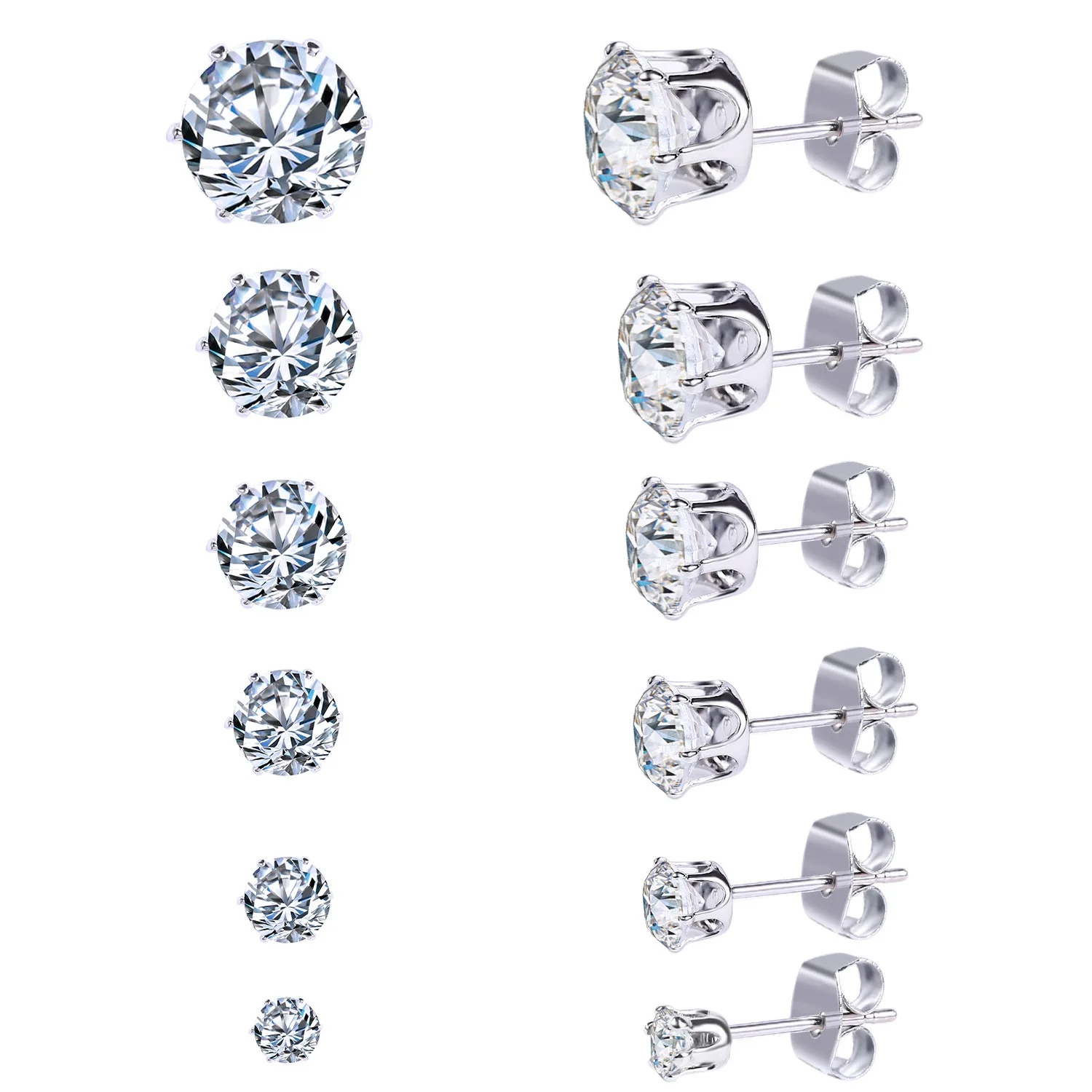 

Amazon FBA 6 Pairs Stainless Steel 3-8mm Stud Earrings Set Hypoallergenic Cubic Zirconia CZ Earrings, Optional