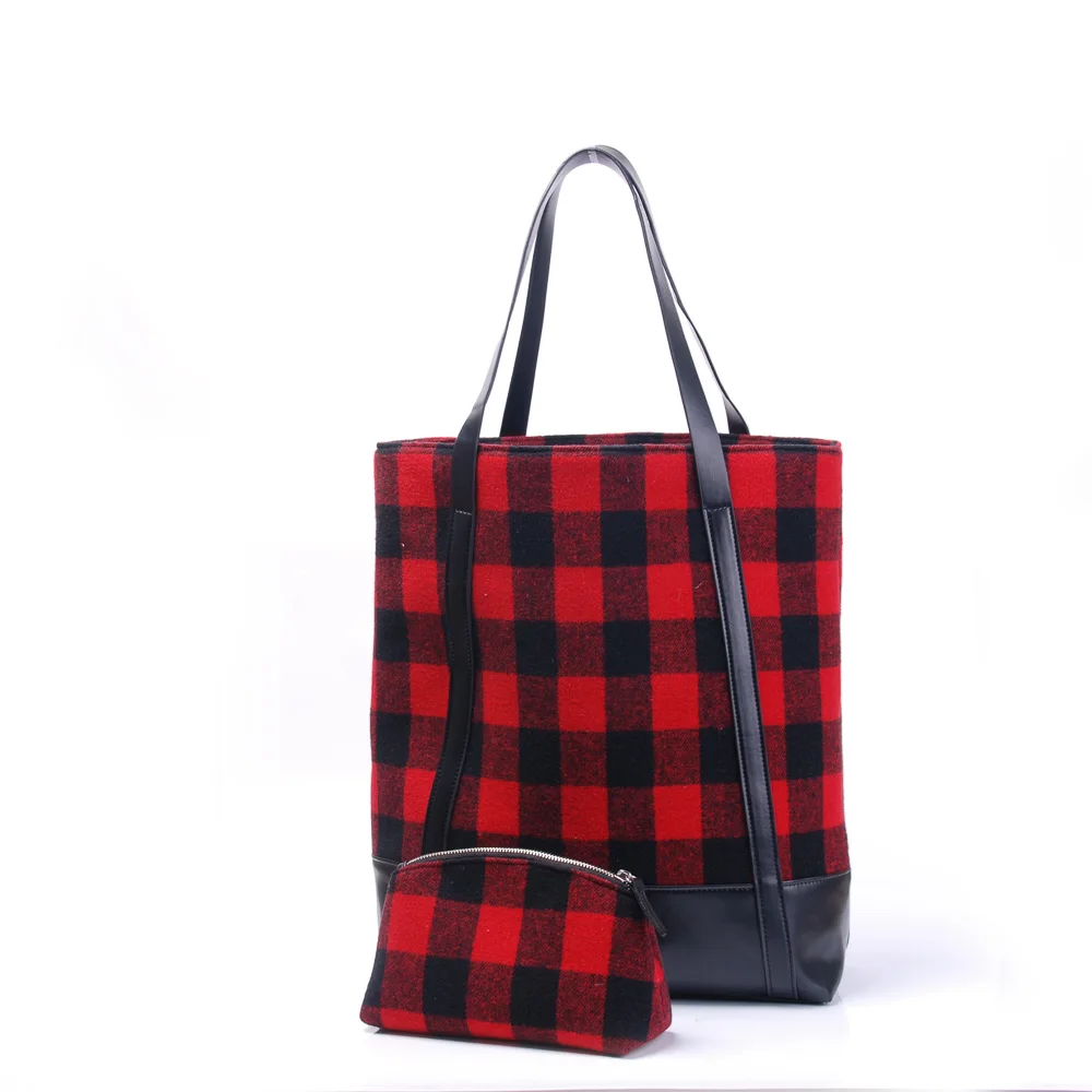 

Red And Black Plaid Woolen Cloth Shopping Overnight Travel Tote Bag Set with Shoulder Bag And Purse DOM113-579