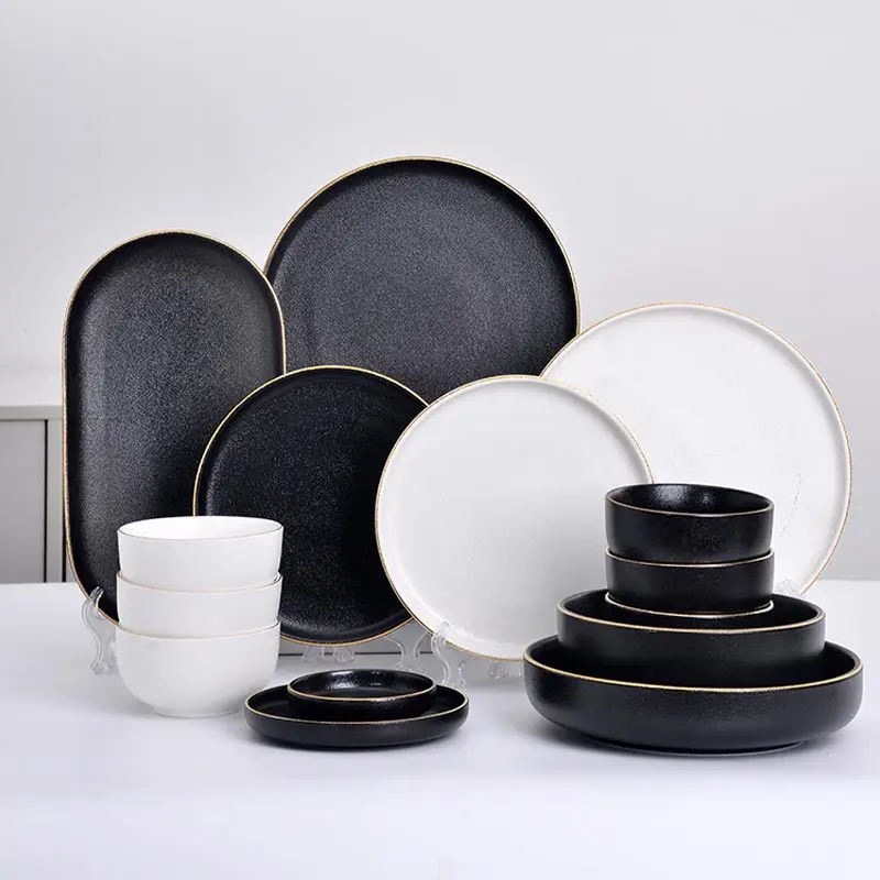 

Hot Sale Simple Crockery Black Dinner White Plate Set for Hotel Restaurant