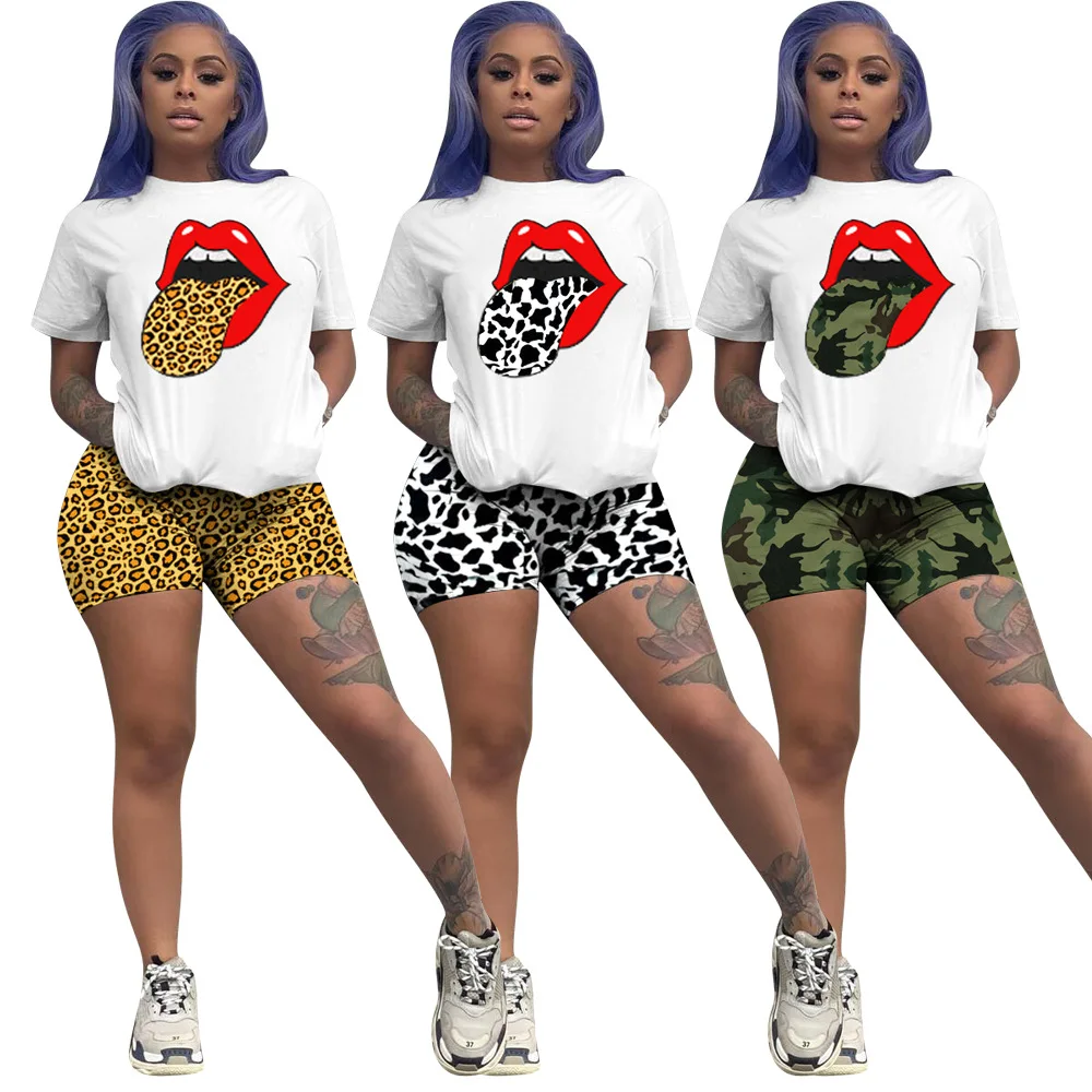 

MD-20022534 2021 new arrivals fashion Plus-size women's clothing round neck lips printed casual sweat 2 suit for women, 6 colors