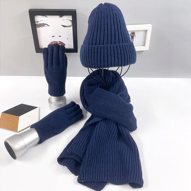

MIO Europe America Winter 3pcs Set Pure Color Knitted Hat Scarf Gloves Sets Outdoor Thick Warm Plush Lining Beanie Hat Women Men