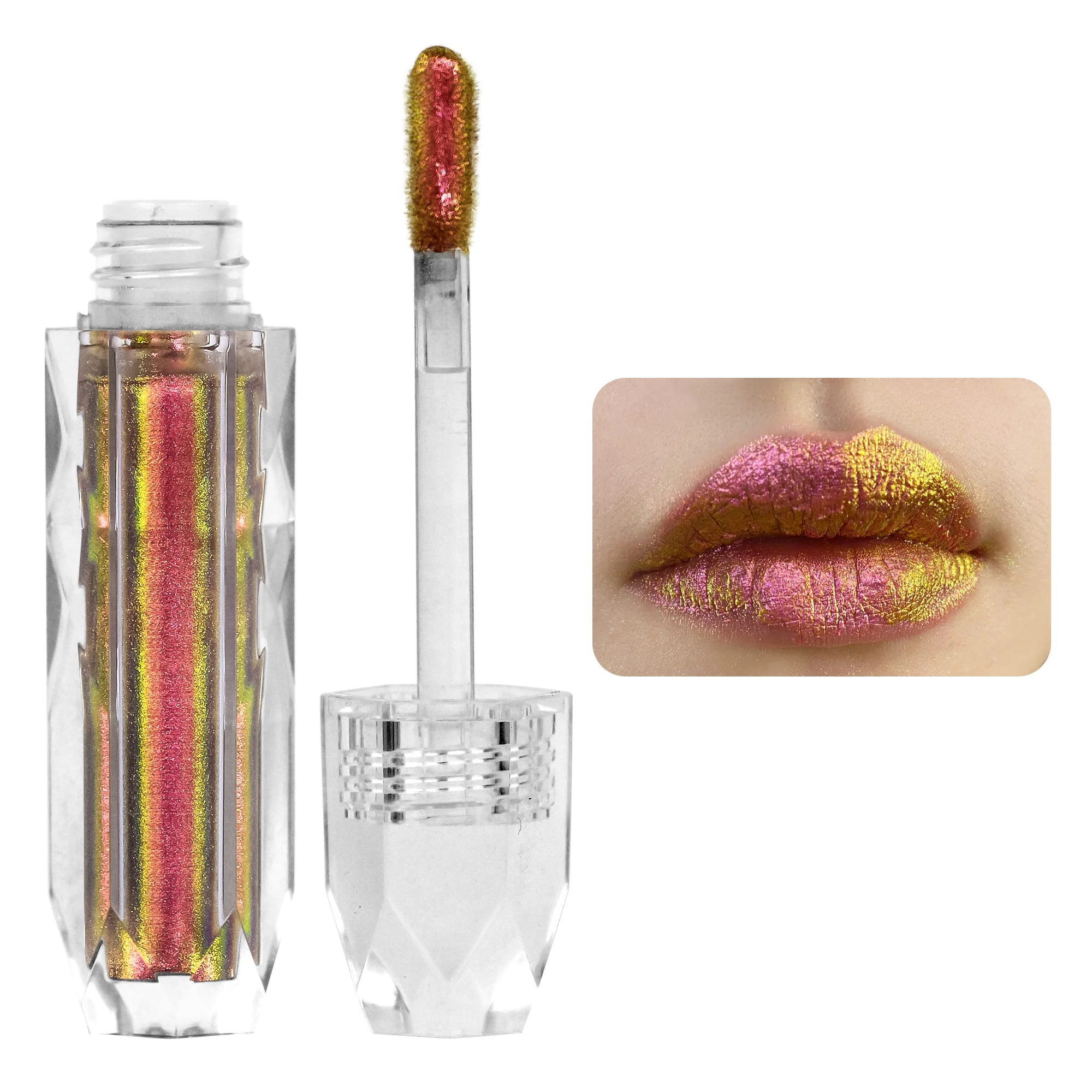 

Private Label Makeup Multichrome Lip Gloss Chameleon Pigment Duochrome Liquid Lipstick Waterproof Metallic Vegan Lipgloss