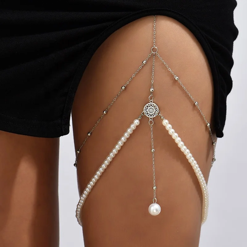 

Sexy Elastic Cord Alloy Leg Chains Women Pearl Gold Plated Double Leg Chains Body Jewelry Thigh Chains