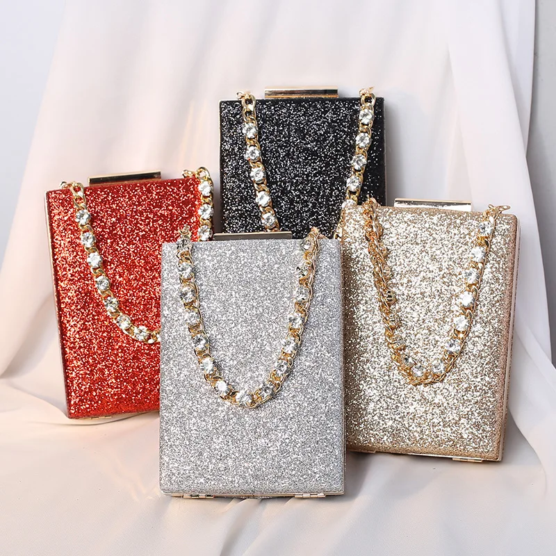 

Popular gold glitter box purse luxury women wedding hand bags party clutch handbag chain evening bag, 4colors