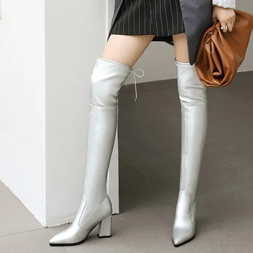 

Large Size Concise Design Pointed Toe Over Knee High Chunky Heel Women Long Boots Back Lace Up Solid Thigh High Booty For Ladies, Black,silver,yellow,apricot