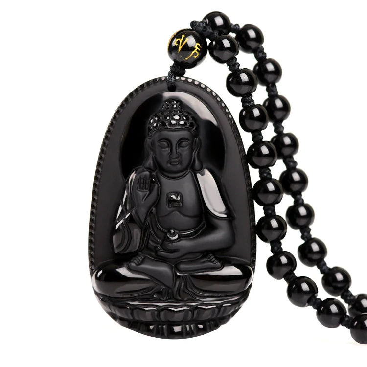 

Natural Obsidian Lucky Amulet Buddha Necklace Pendant Natural Stone Long Bead Necklace Chain, Blalck