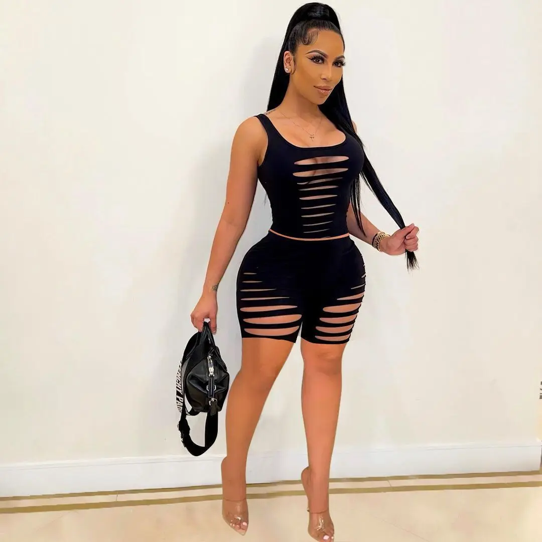 

Two Piece Set Women Summer Sweat Suits Halter Crop Top Bandage Hollow Biker Shorts Sexy Night Club Outfits Matching Set, Black/blue/rose red