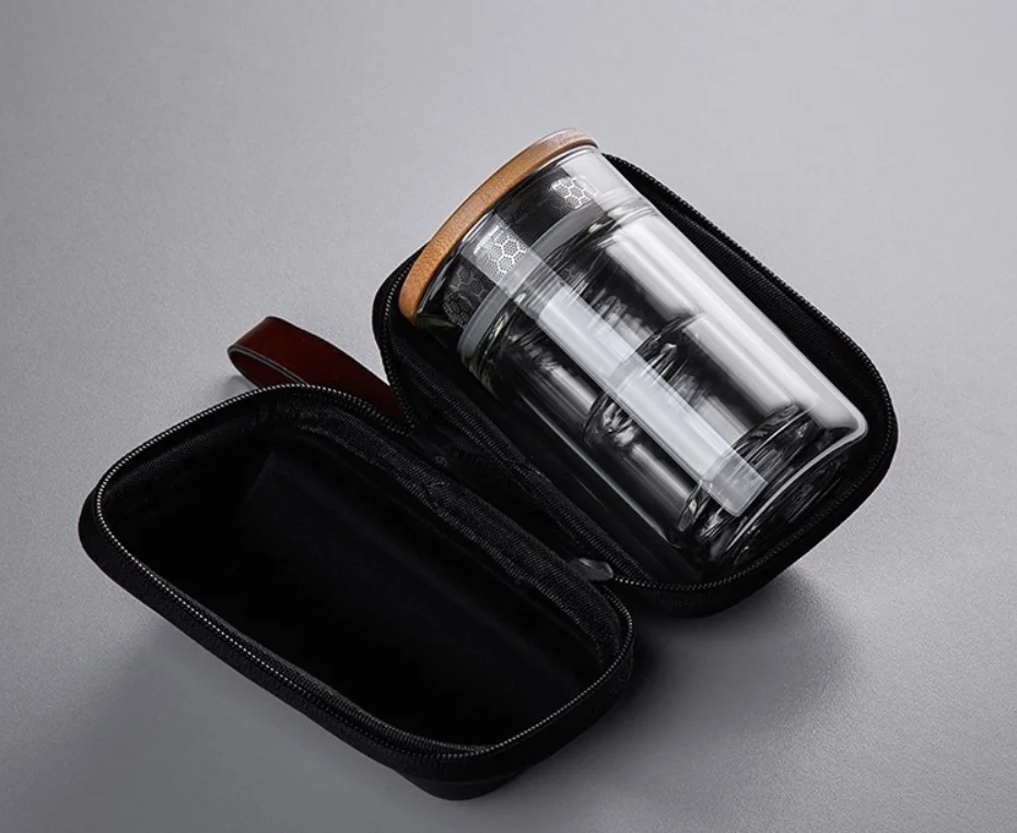 Wholesale 230ml Double-Wall Kungfu Tea Cup Set Modern Chinese Borosilicate Glass Travel Teapot Bamboo Infuser Bag Coffee Hand